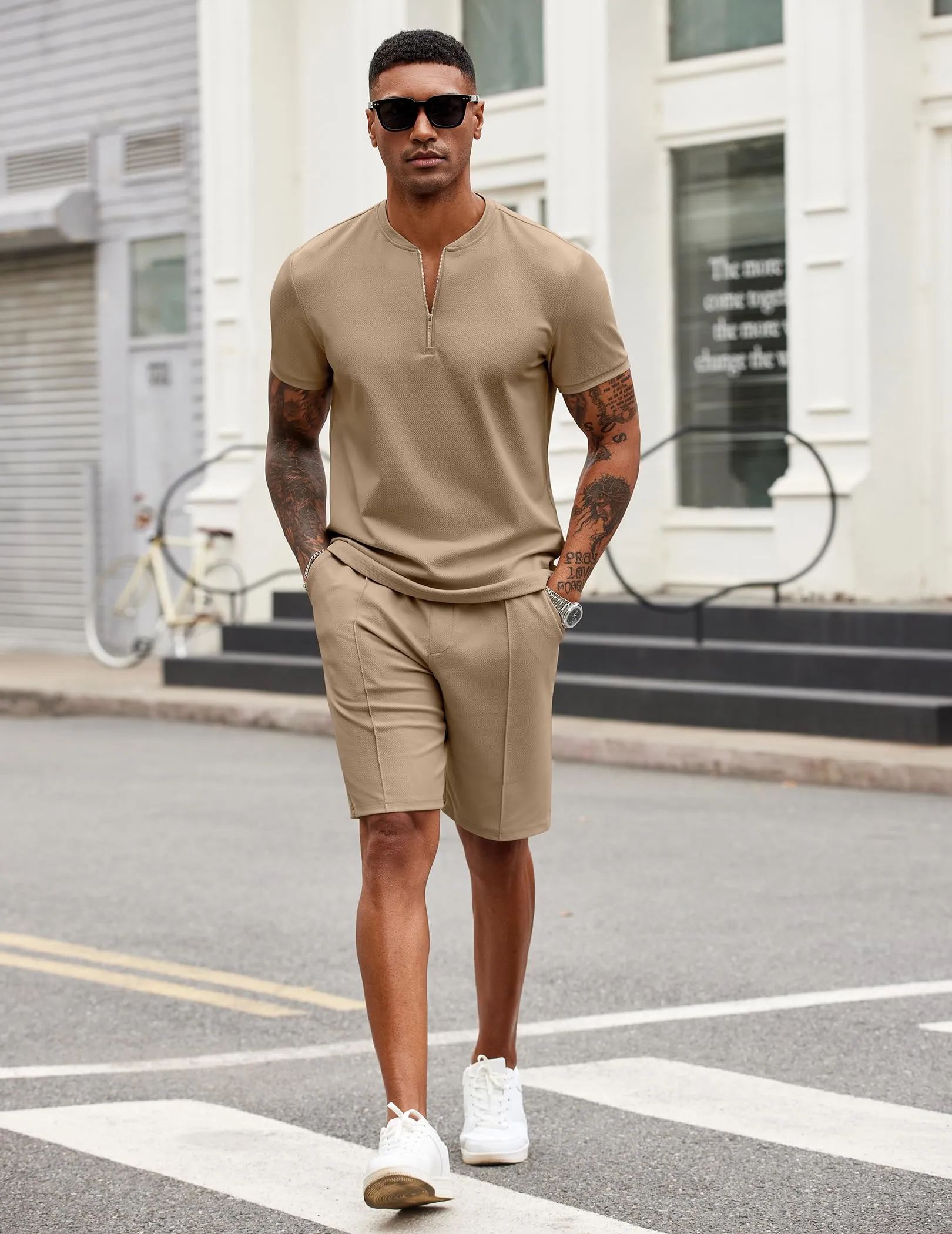 COOFANDY Men's 2 Pieces Outfits Casual Quarter Zip Polo T Shirt and Shorts Set Athletic Jogging Summer Tracksuit