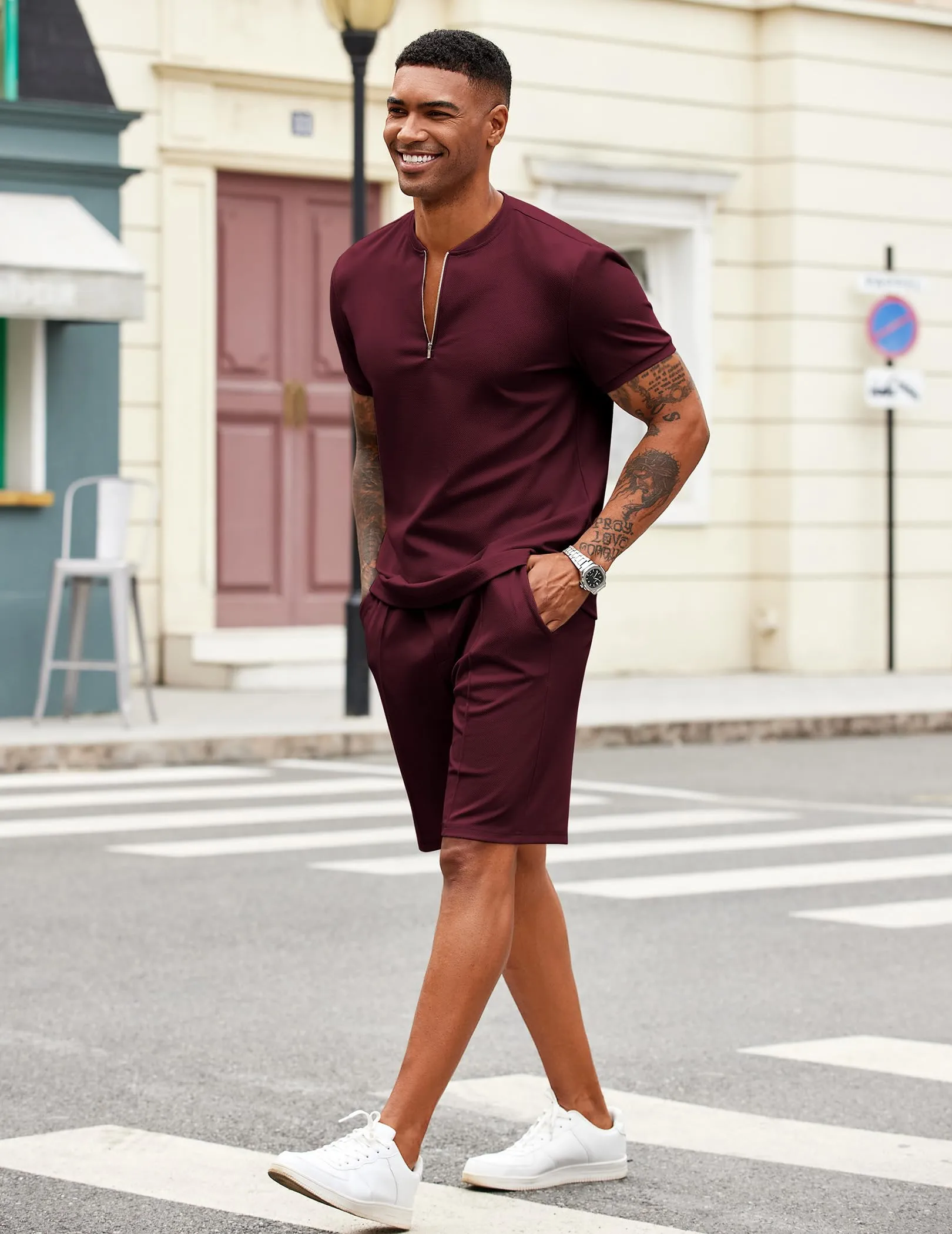 COOFANDY Men's 2 Pieces Outfits Casual Quarter Zip Polo T Shirt and Shorts Set Athletic Jogging Summer Tracksuit