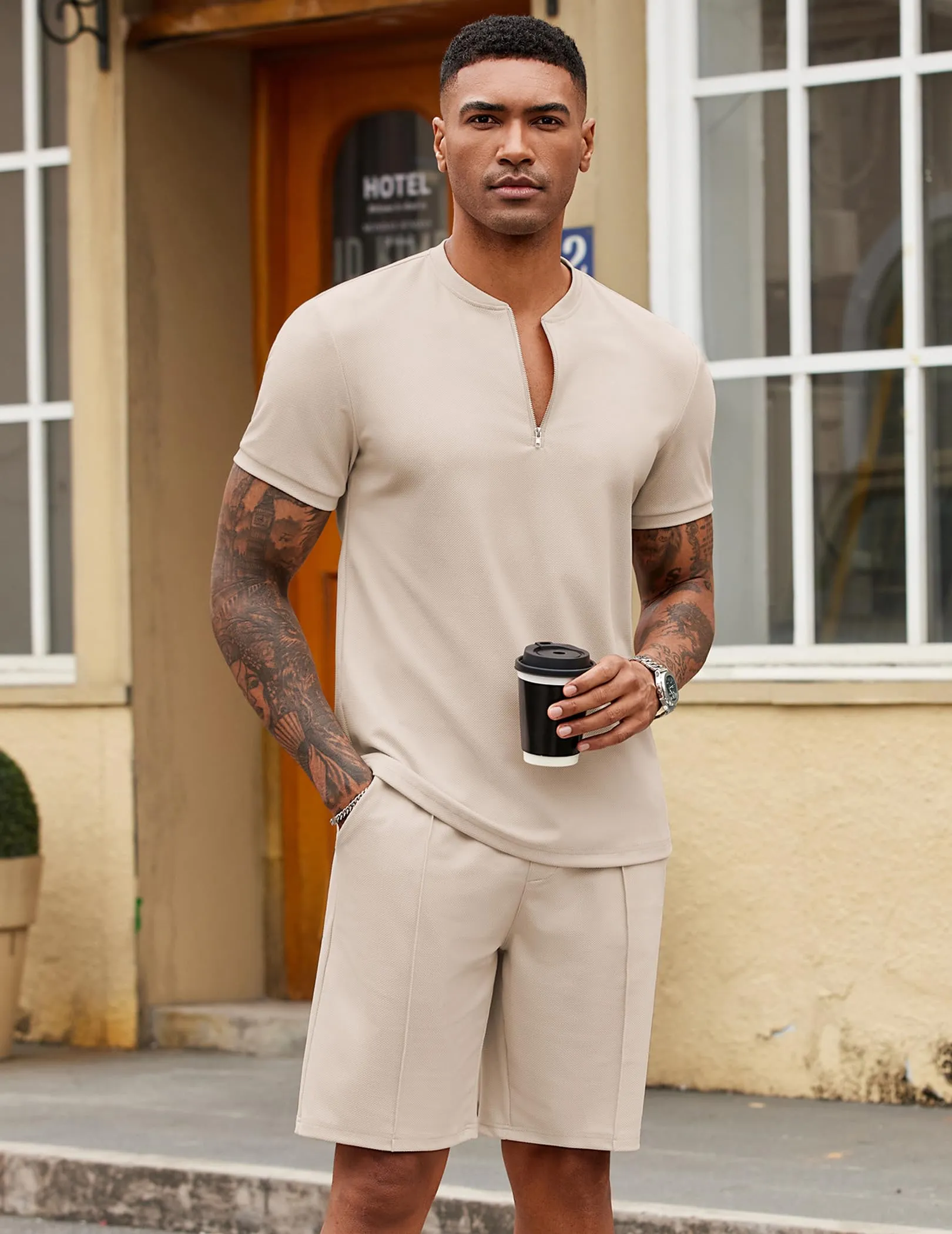 COOFANDY Men's 2 Pieces Outfits Casual Quarter Zip Polo T Shirt and Shorts Set Athletic Jogging Summer Tracksuit