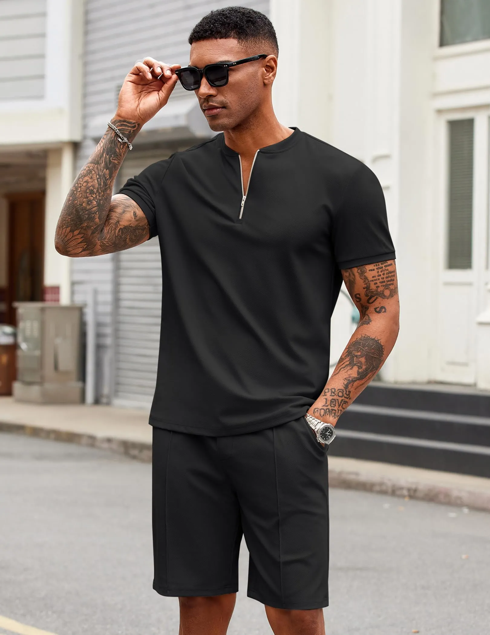 COOFANDY Men's 2 Pieces Outfits Casual Quarter Zip Polo T Shirt and Shorts Set Athletic Jogging Summer Tracksuit