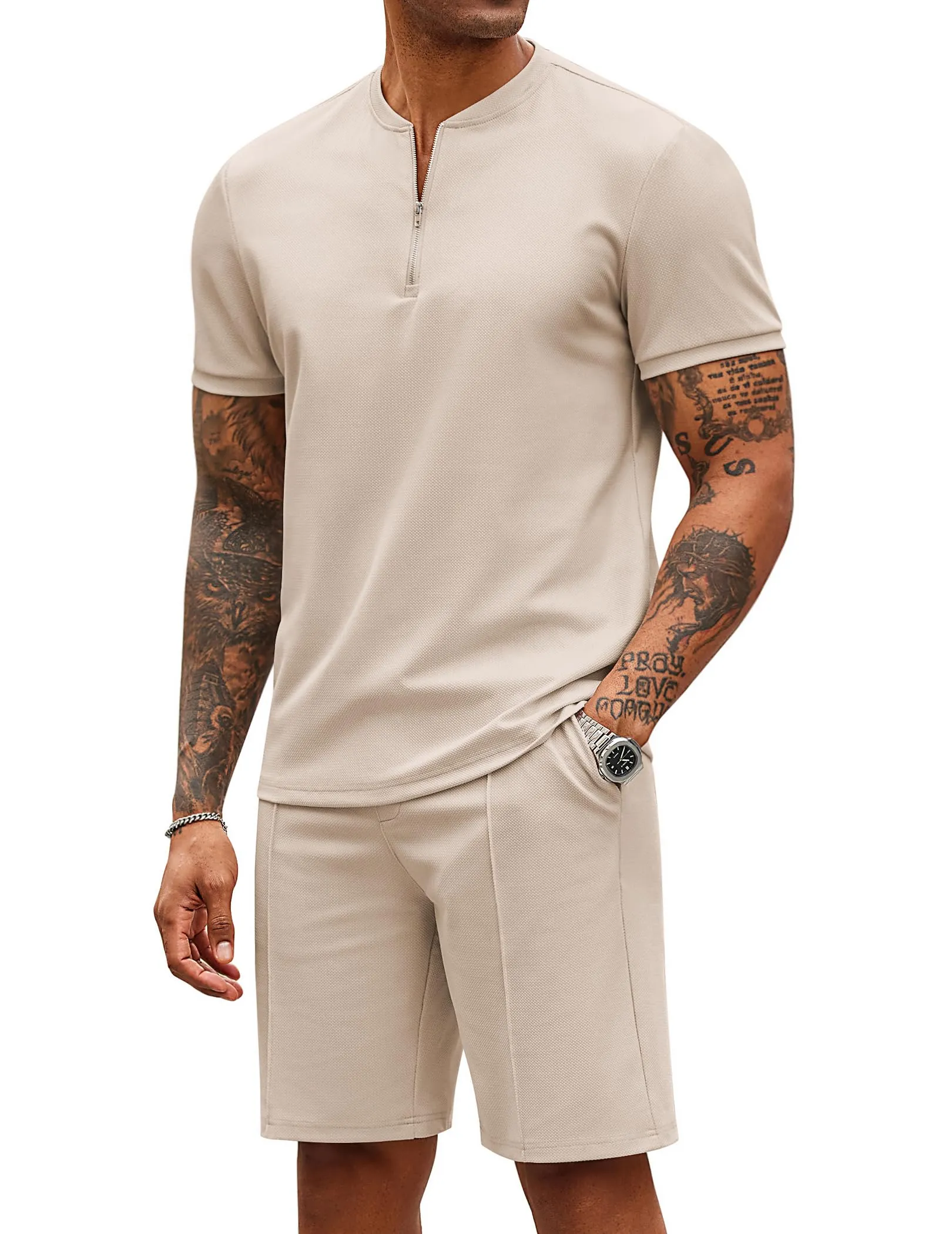 COOFANDY Men's 2 Pieces Outfits Casual Quarter Zip Polo T Shirt and Shorts Set Athletic Jogging Summer Tracksuit
