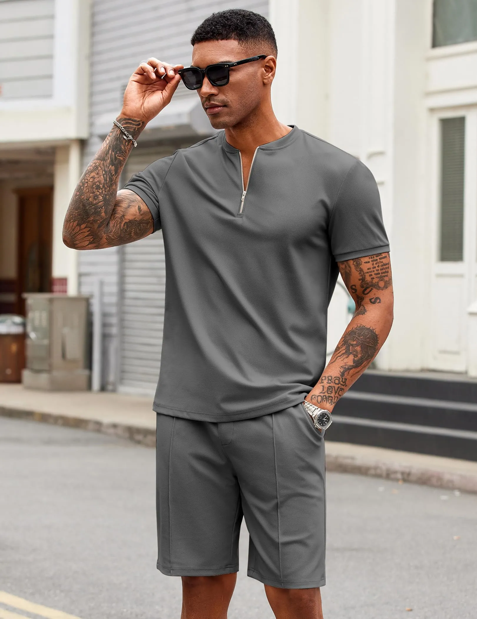 COOFANDY Men's 2 Pieces Outfits Casual Quarter Zip Polo T Shirt and Shorts Set Athletic Jogging Summer Tracksuit
