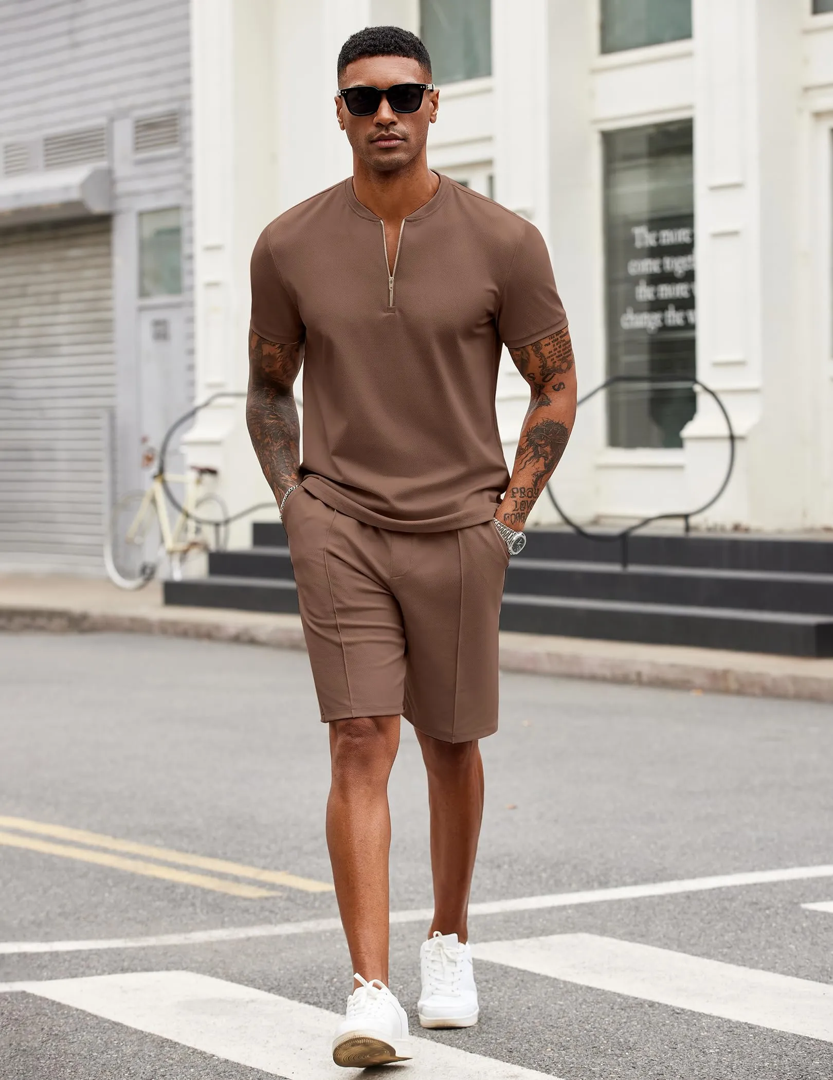 COOFANDY Men's 2 Pieces Outfits Casual Quarter Zip Polo T Shirt and Shorts Set Athletic Jogging Summer Tracksuit