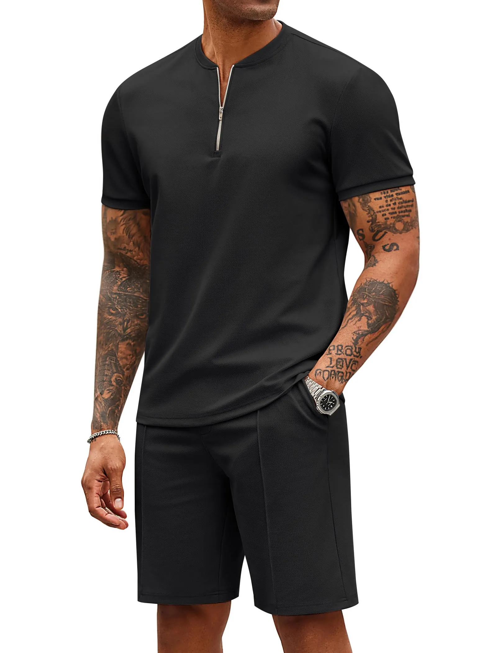 COOFANDY Men's 2 Pieces Outfits Casual Quarter Zip Polo T Shirt and Shorts Set Athletic Jogging Summer Tracksuit