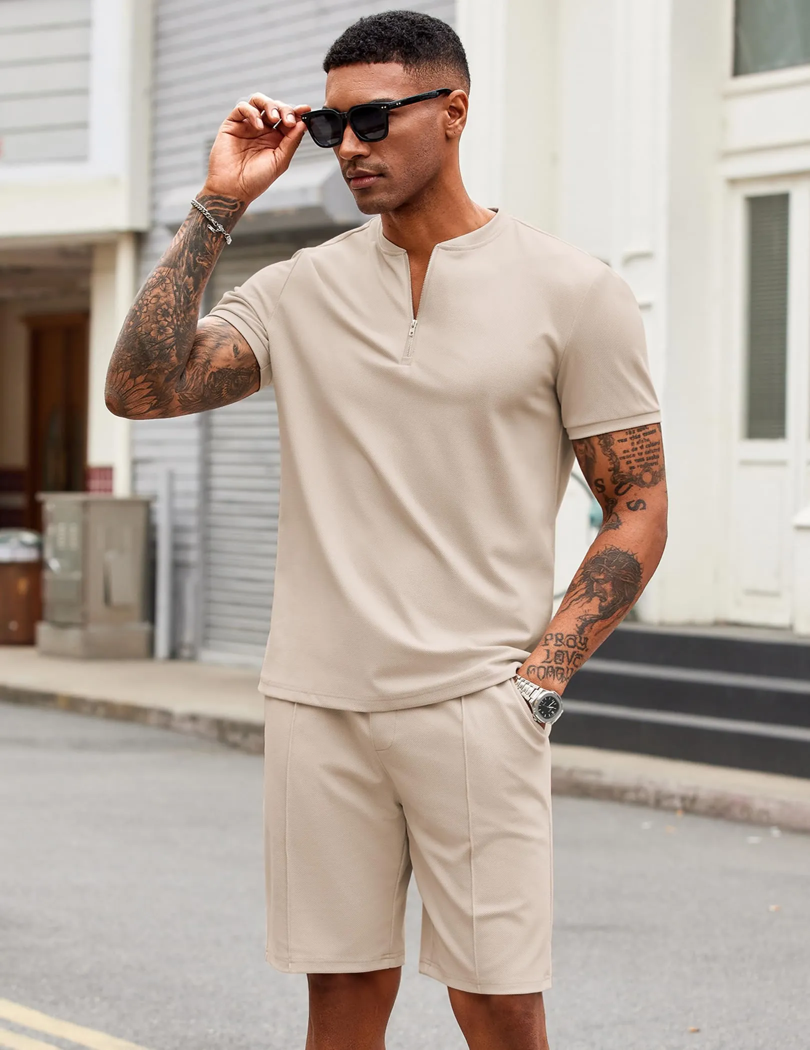 COOFANDY Men's 2 Pieces Outfits Casual Quarter Zip Polo T Shirt and Shorts Set Athletic Jogging Summer Tracksuit