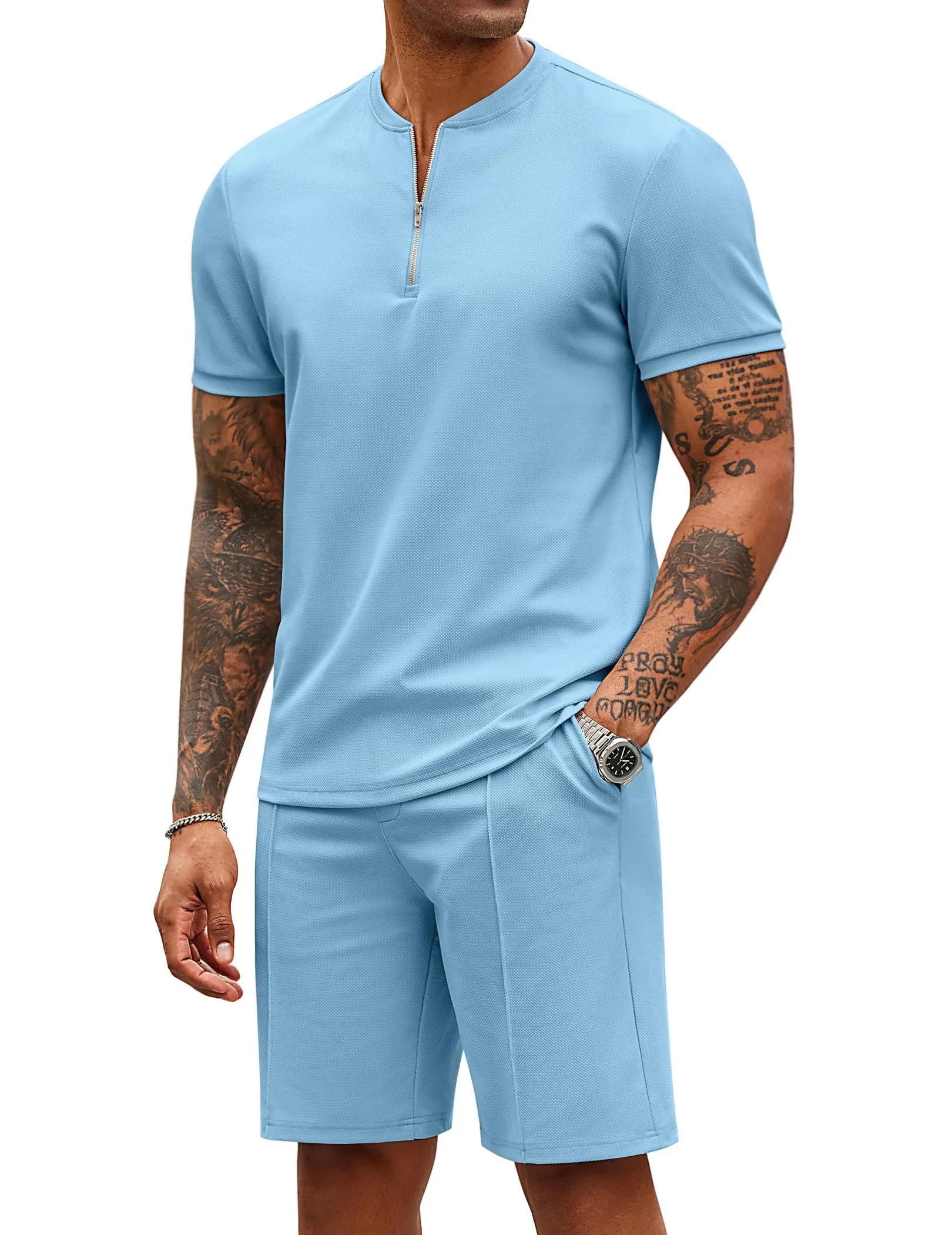 COOFANDY Men's 2 Pieces Outfits Casual Quarter Zip Polo T Shirt and Shorts Set Athletic Jogging Summer Tracksuit
