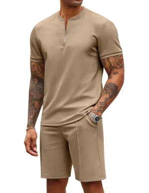 COOFANDY Men's 2 Pieces Outfits Casual Quarter Zip Polo T Shirt and Shorts Set Athletic Jogging Summer Tracksuit