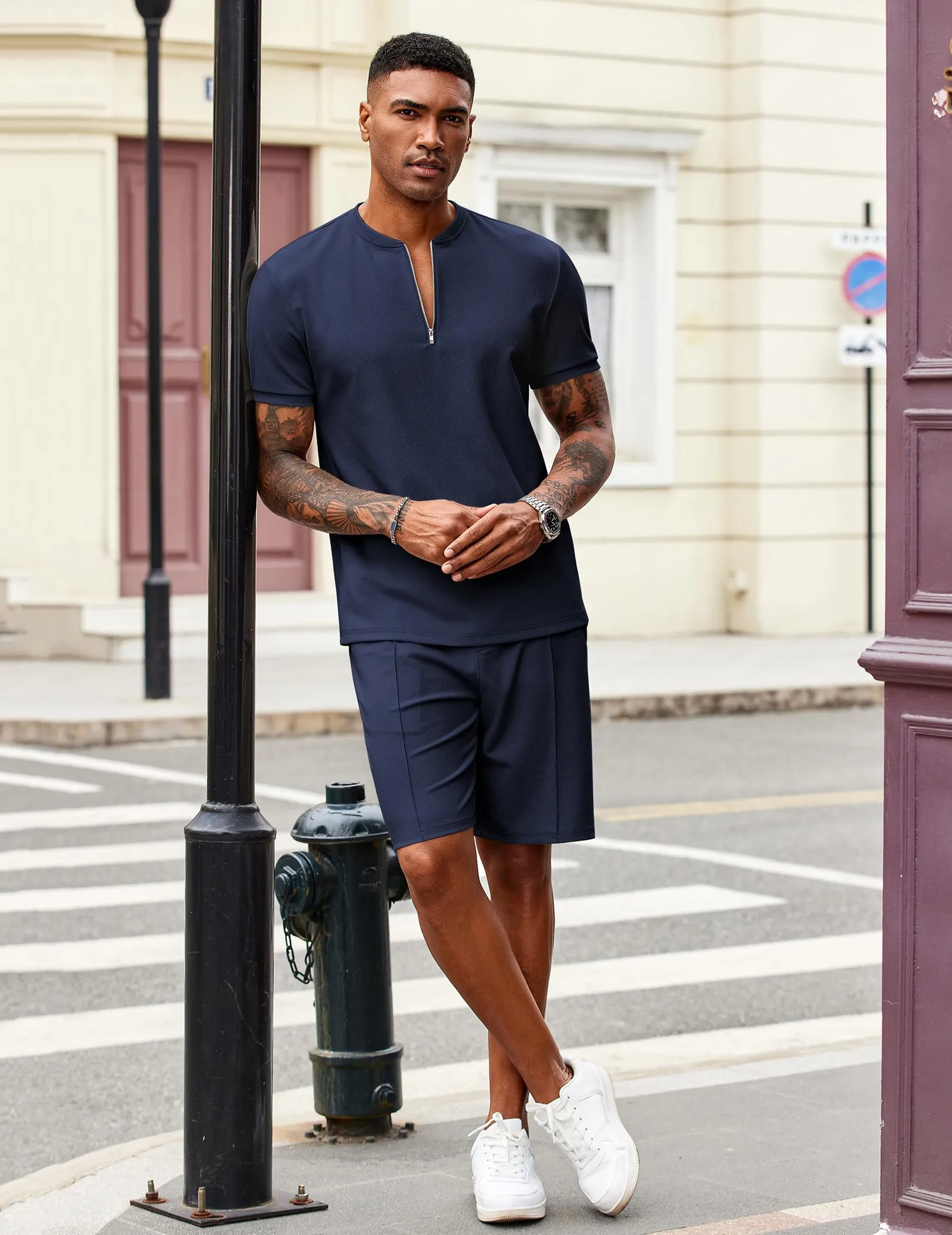 COOFANDY Men's 2 Pieces Outfits Casual Quarter Zip Polo T Shirt and Shorts Set Athletic Jogging Summer Tracksuit