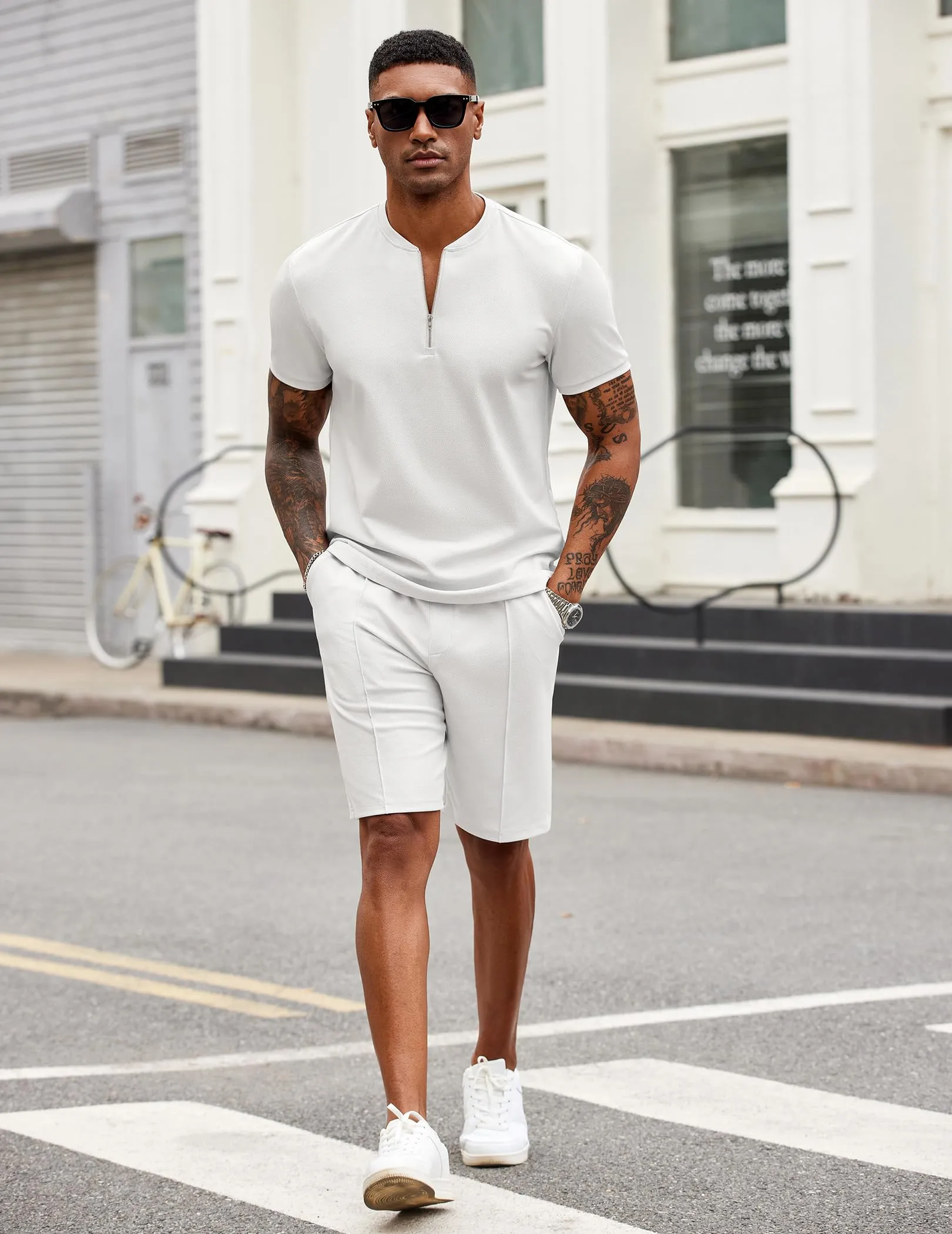 COOFANDY Men's 2 Pieces Outfits Casual Quarter Zip Polo T Shirt and Shorts Set Athletic Jogging Summer Tracksuit