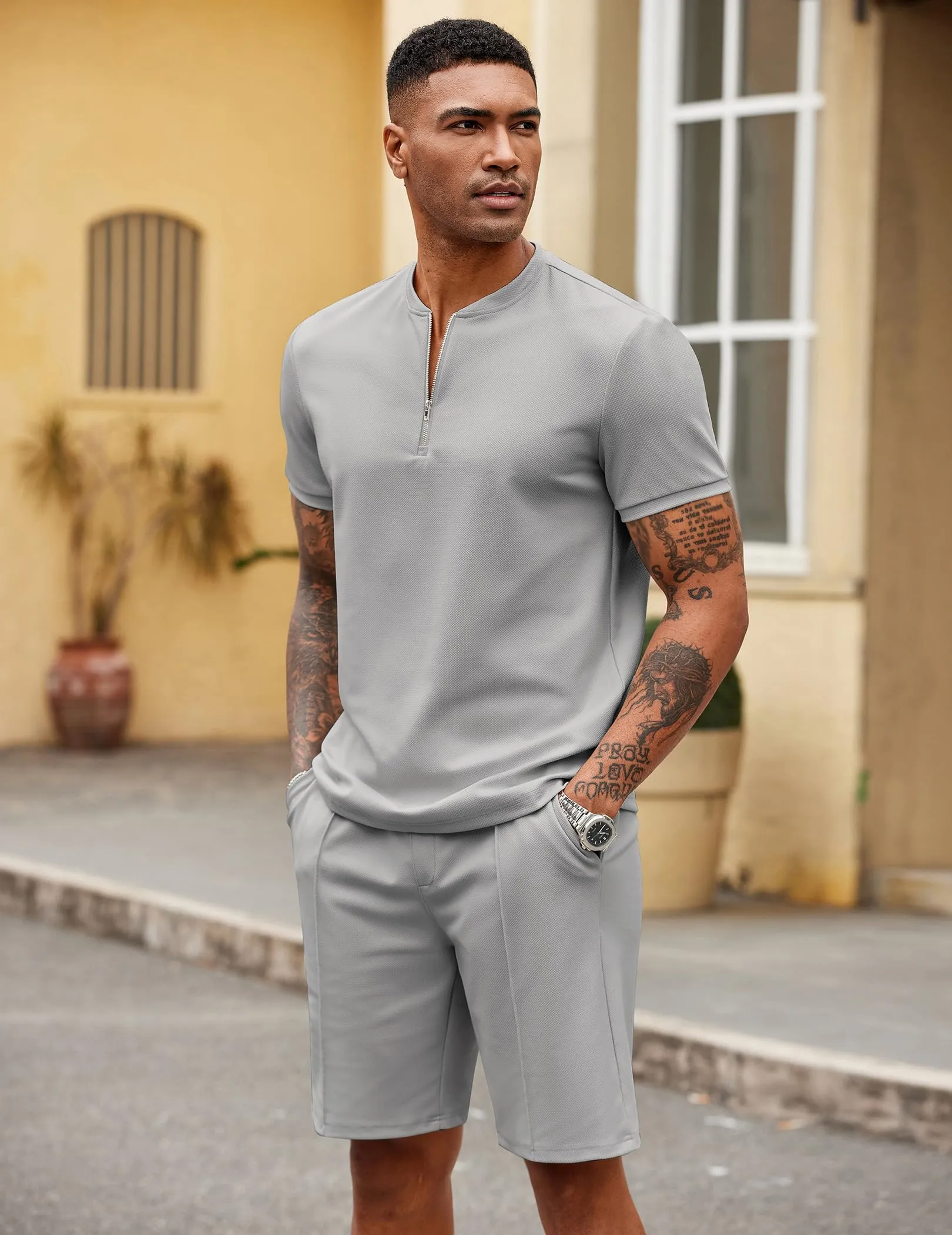 COOFANDY Men's 2 Pieces Outfits Casual Quarter Zip Polo T Shirt and Shorts Set Athletic Jogging Summer Tracksuit