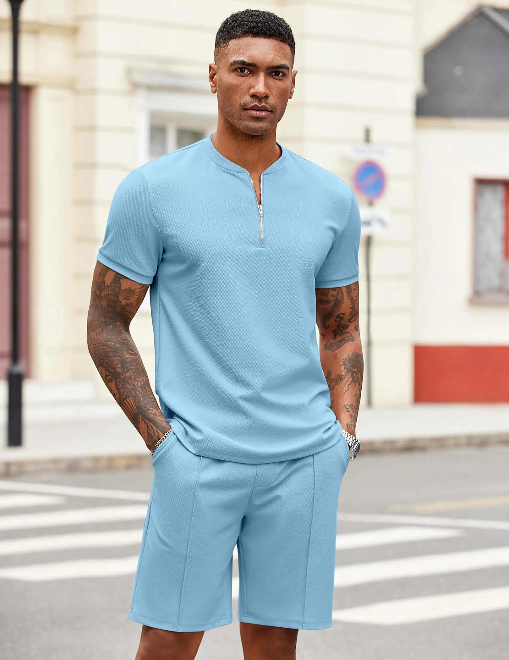 COOFANDY Men's 2 Pieces Outfits Casual Quarter Zip Polo T Shirt and Shorts Set Athletic Jogging Summer Tracksuit