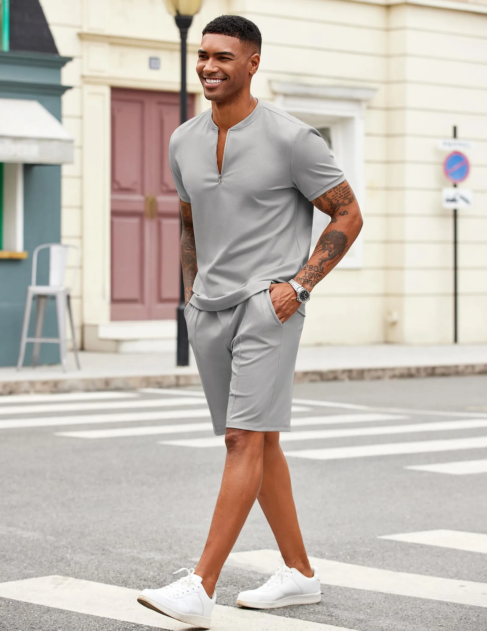 COOFANDY Men's 2 Pieces Outfits Casual Quarter Zip Polo T Shirt and Shorts Set Athletic Jogging Summer Tracksuit
