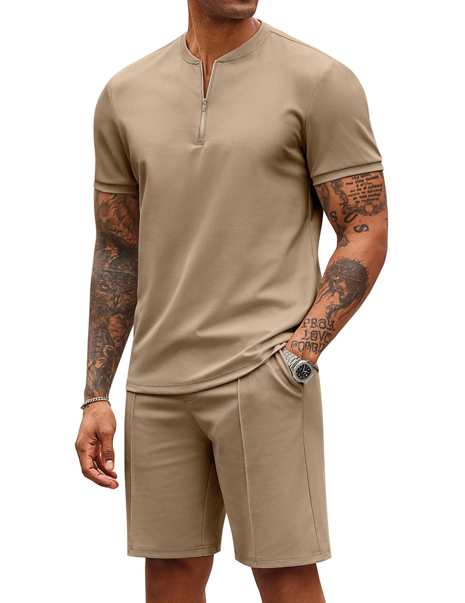 COOFANDY Men's 2 Pieces Outfits Casual Quarter Zip Polo T Shirt and Shorts Set Athletic Jogging Summer Tracksuit