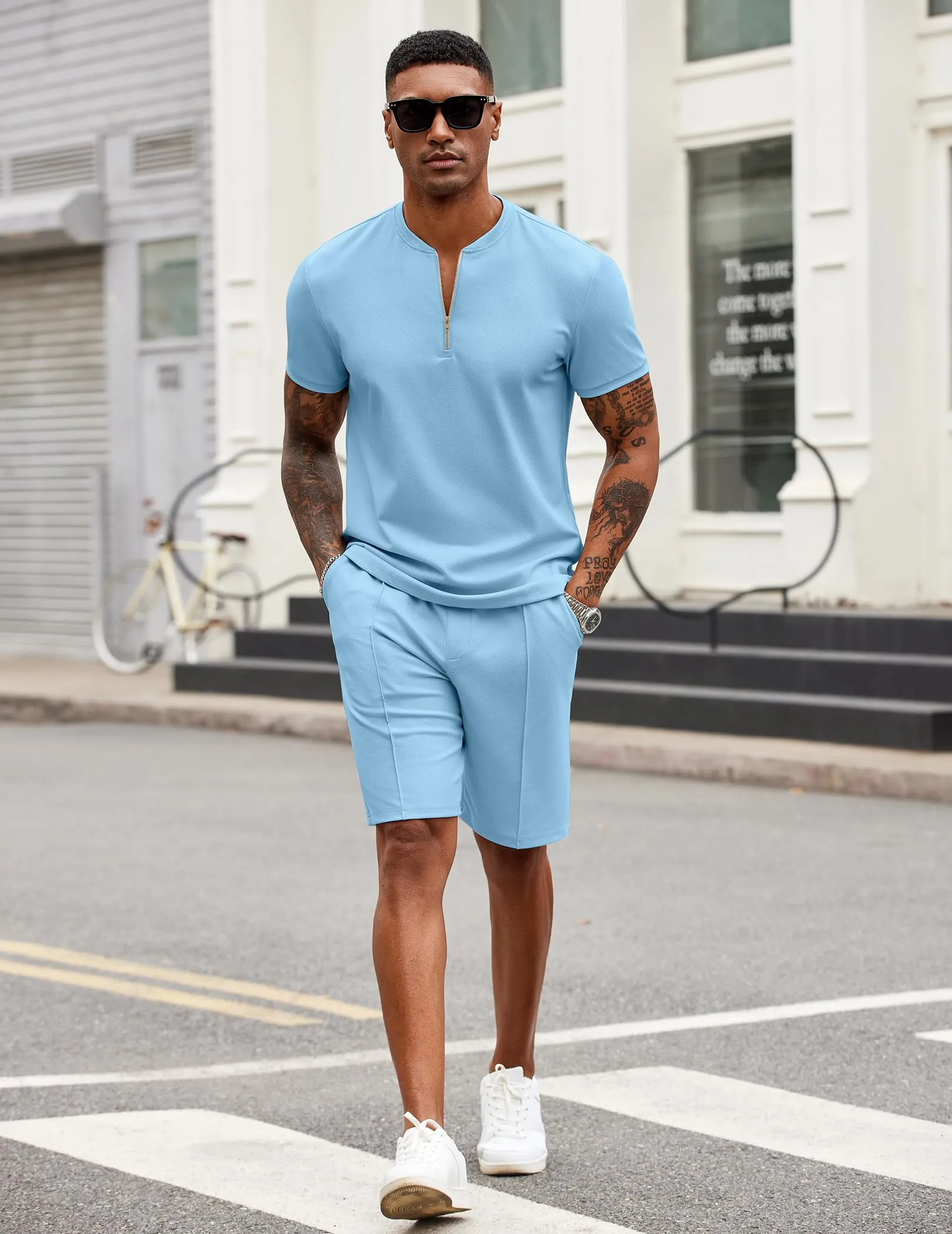 COOFANDY Men's 2 Pieces Outfits Casual Quarter Zip Polo T Shirt and Shorts Set Athletic Jogging Summer Tracksuit