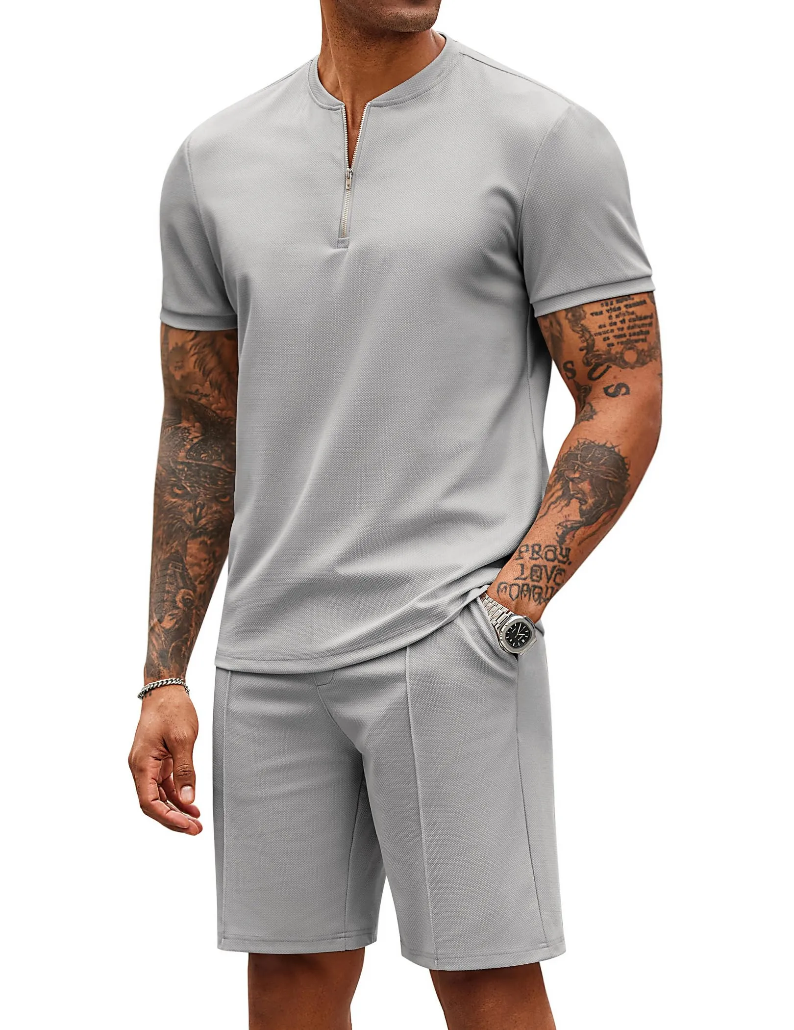 COOFANDY Men's 2 Pieces Outfits Casual Quarter Zip Polo T Shirt and Shorts Set Athletic Jogging Summer Tracksuit