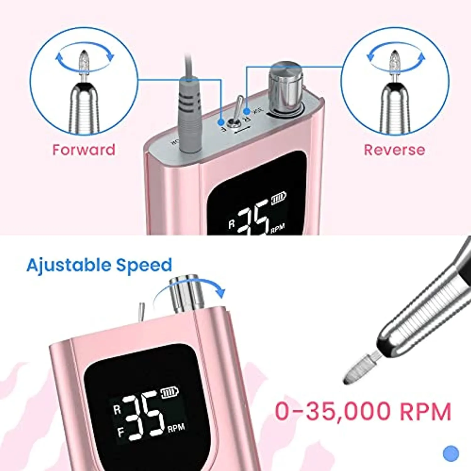 Delanie Electric Nail Drill Machine 35000RPM, Portable Nail Drill Rechargeable with 6 Drill Bits, Nail drills for Acrylic Nails Professional E File Nail Machine Drill Professional (Pink)