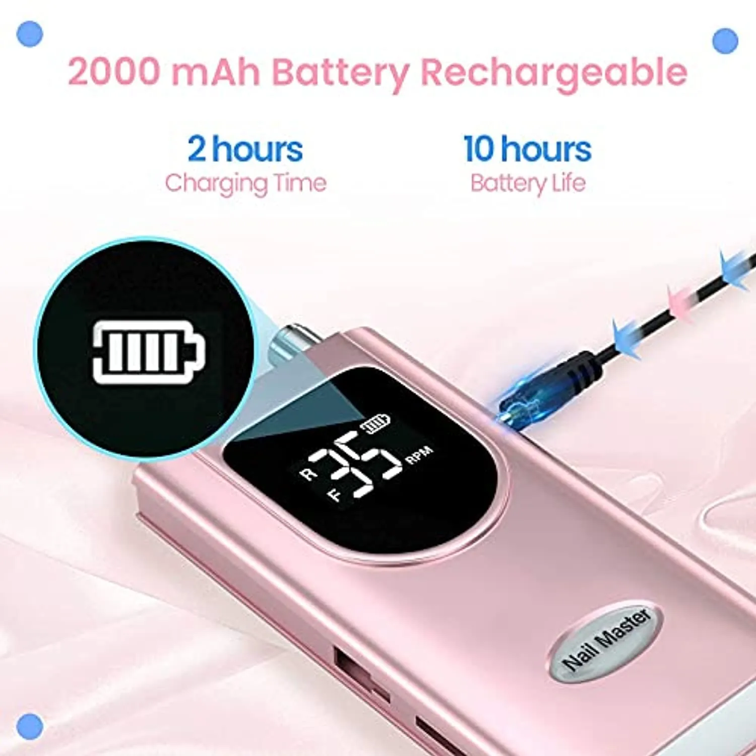 Delanie Electric Nail Drill Machine 35000RPM, Portable Nail Drill Rechargeable with 6 Drill Bits, Nail drills for Acrylic Nails Professional E File Nail Machine Drill Professional (Pink)
