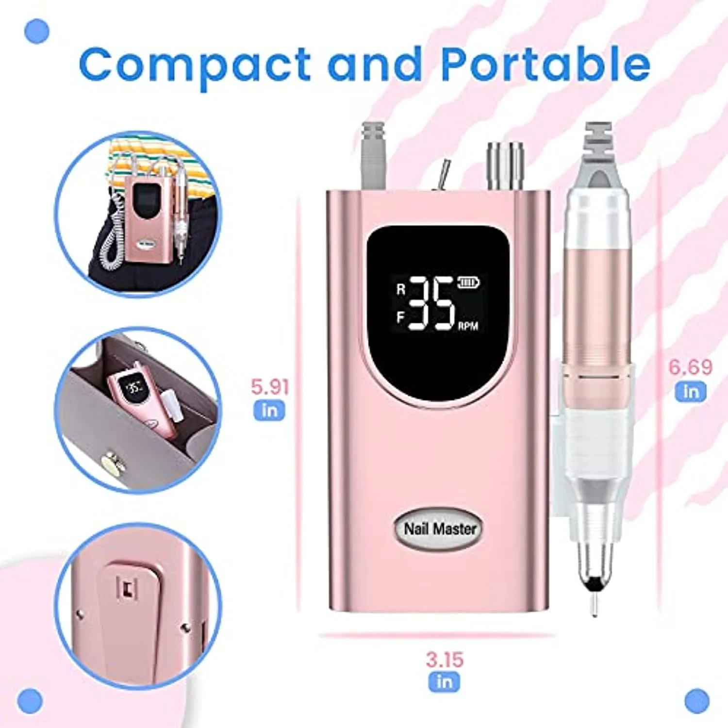 Delanie Electric Nail Drill Machine 35000RPM, Portable Nail Drill Rechargeable with 6 Drill Bits, Nail drills for Acrylic Nails Professional E File Nail Machine Drill Professional (Pink)