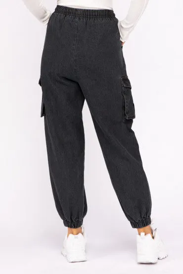 Denim Drawstring Cargo Jogger Pants