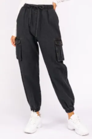 Denim Drawstring Cargo Jogger Pants