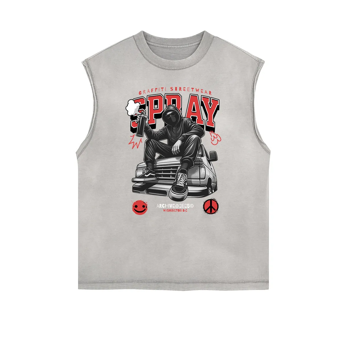 Distressed Sleeveless Graffiti Style Pattern Tee