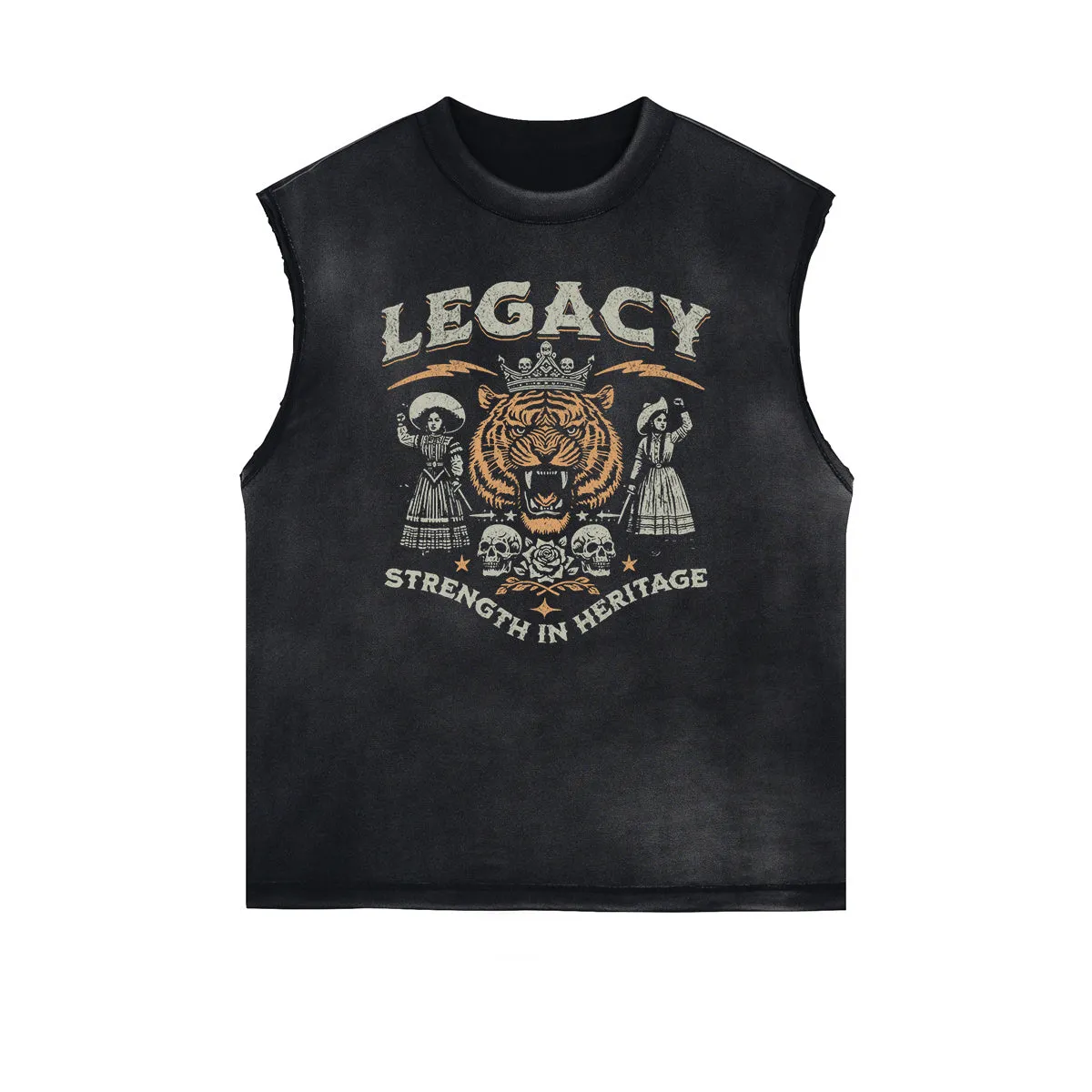 Distressed Sleeveless Tiger Pattern Tee