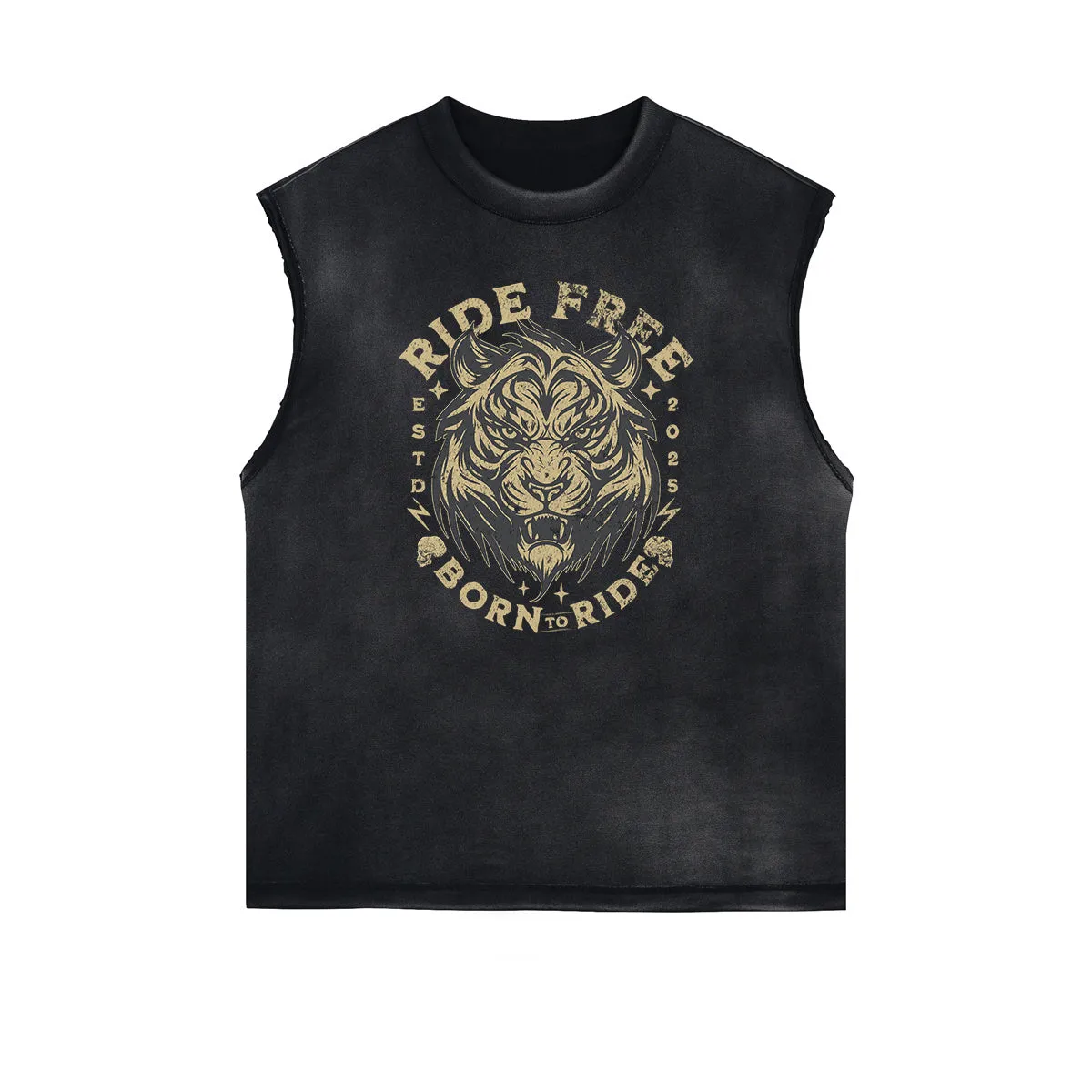Distressed Sleeveless Tiger Pattern Tee
