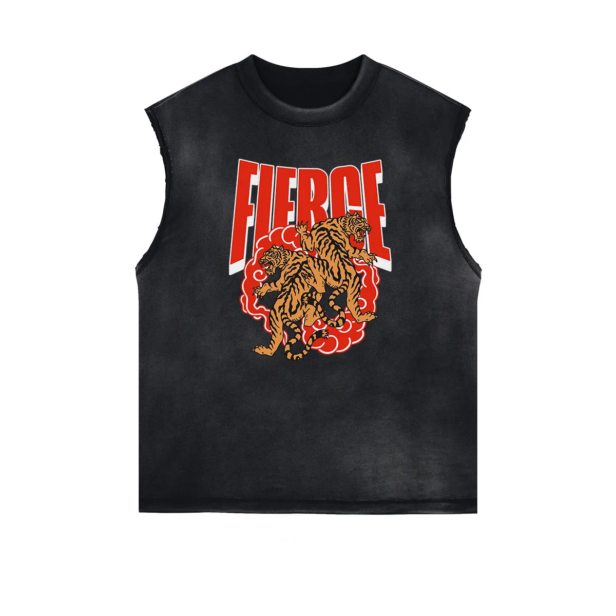 Distressed Sleeveless Tiger Pattern Tee