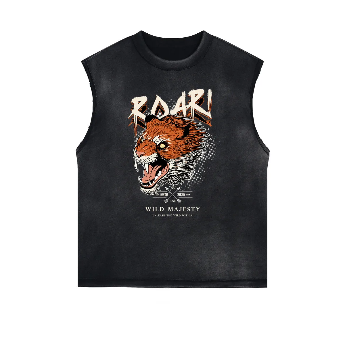 Distressed Sleeveless Tiger Pattern Tee