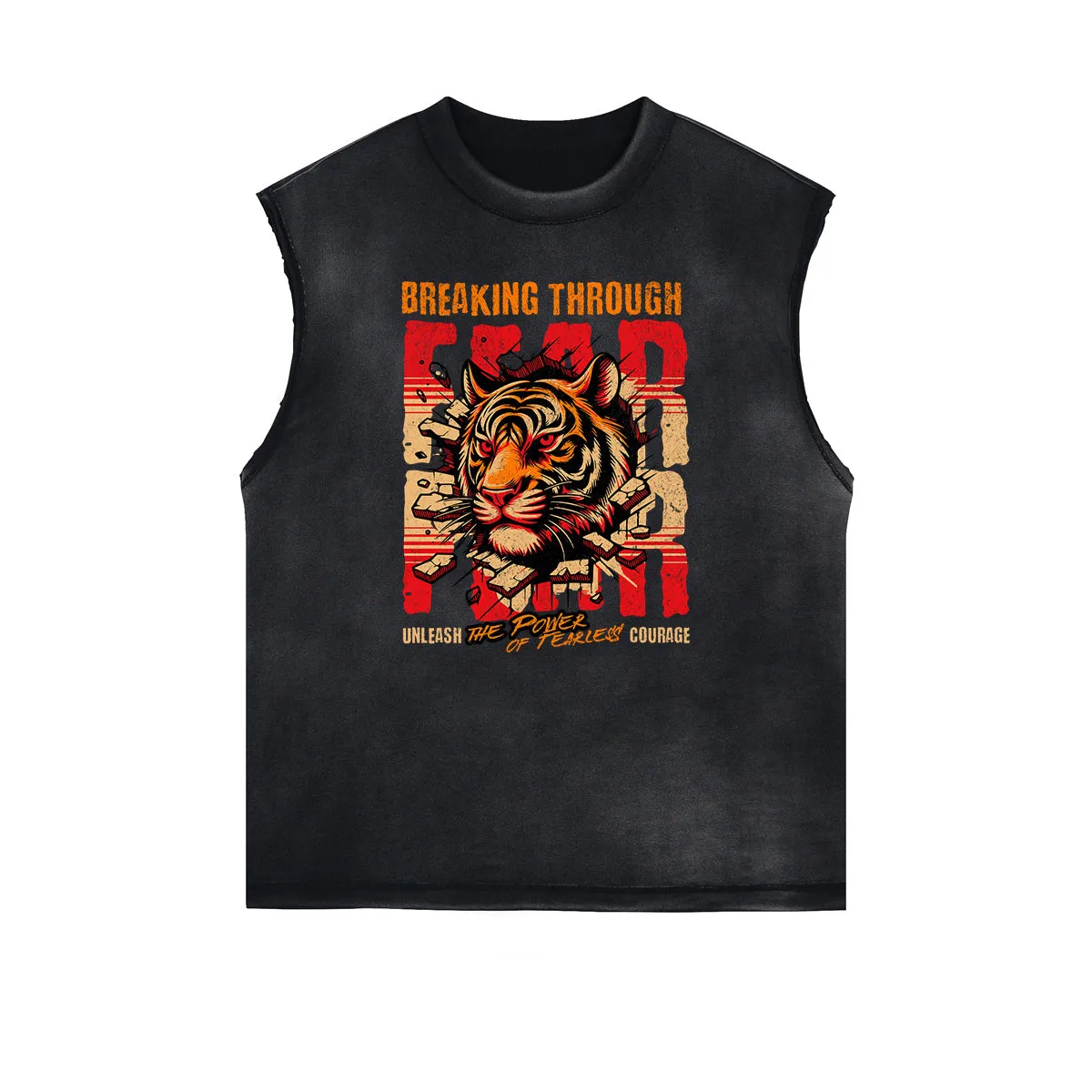 Distressed Sleeveless Tiger Pattern Tee