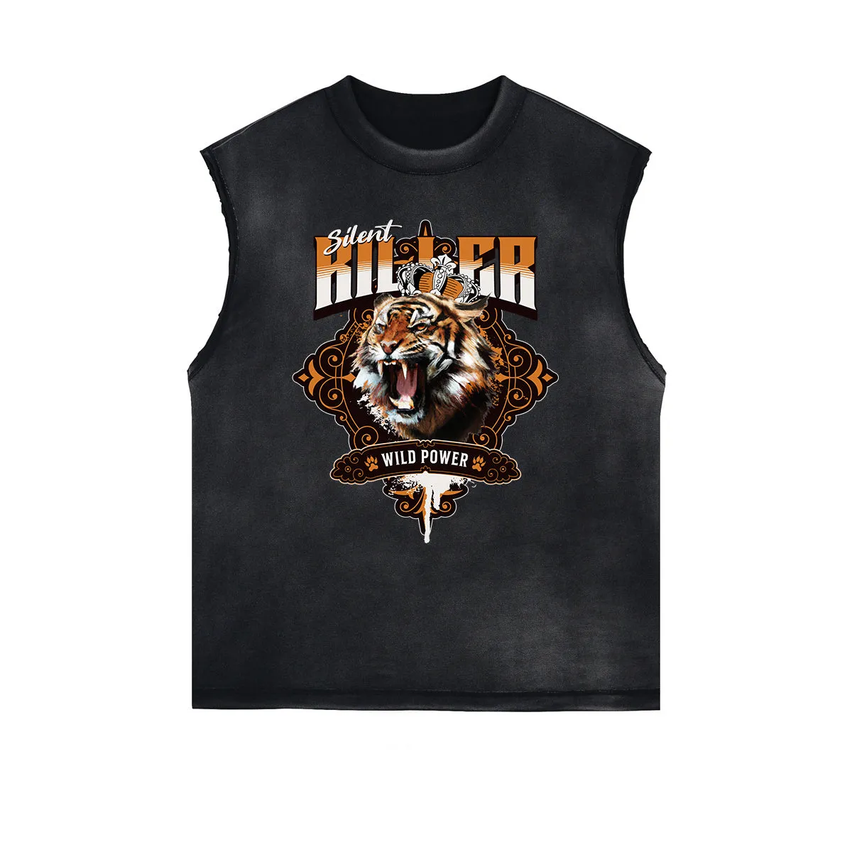 Distressed Sleeveless Tiger Pattern Tee