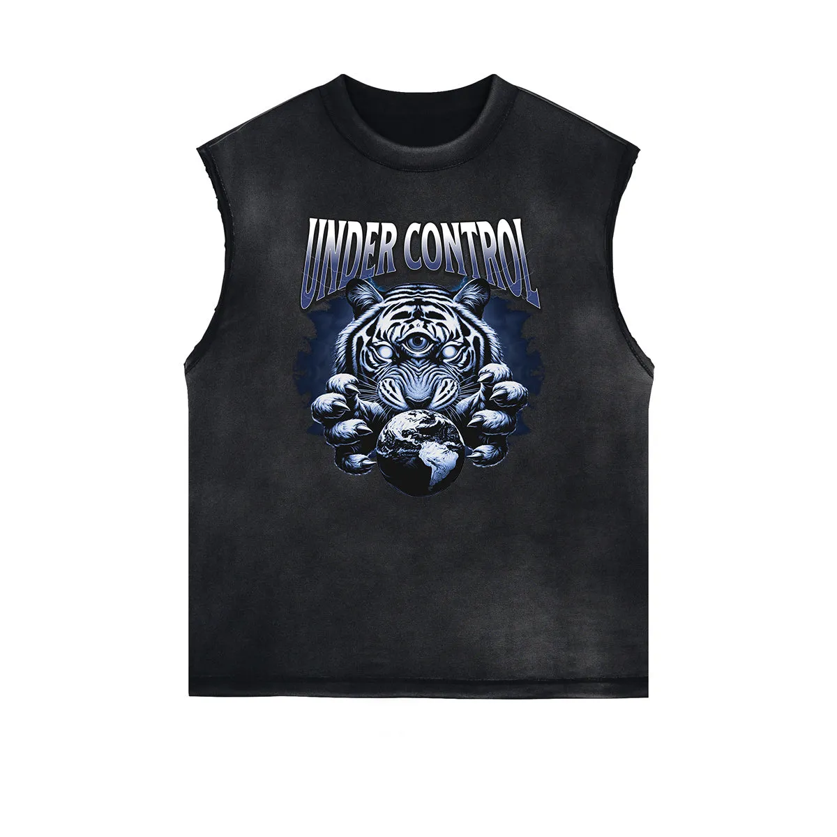 Distressed Sleeveless Tiger Pattern Tee