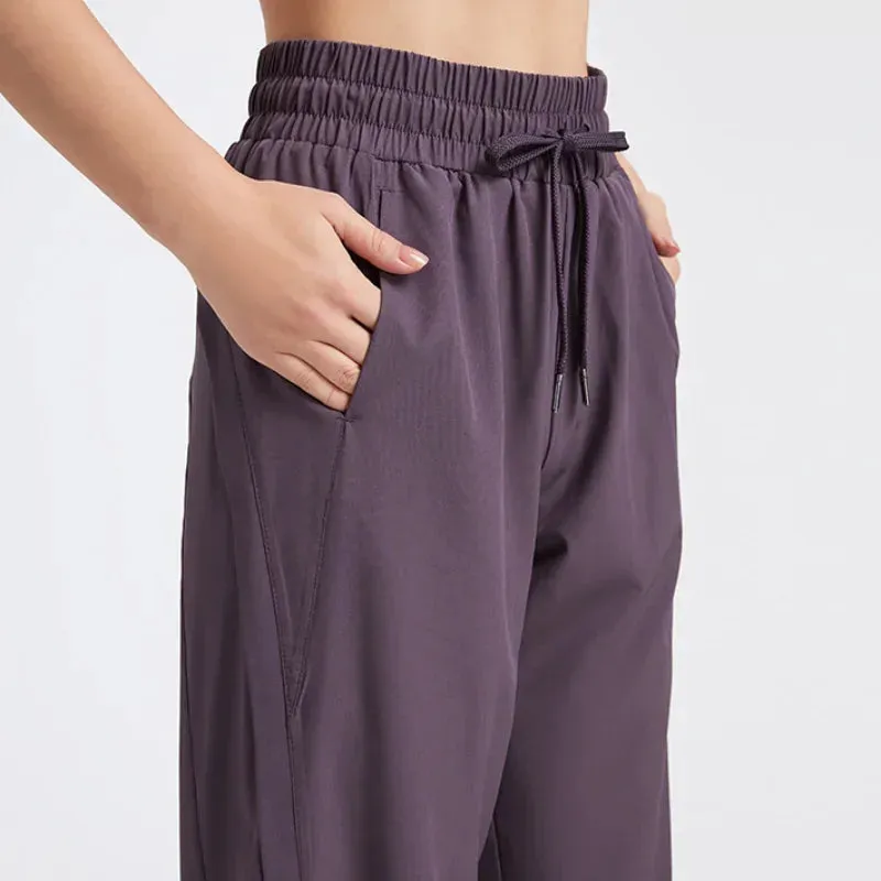Elastic Waist Yoga Pants for Women - Loose-Fitting Workout Pants, Wide-Leg Drawstring Closure, Stretchy High Waisted Jogging Jogger