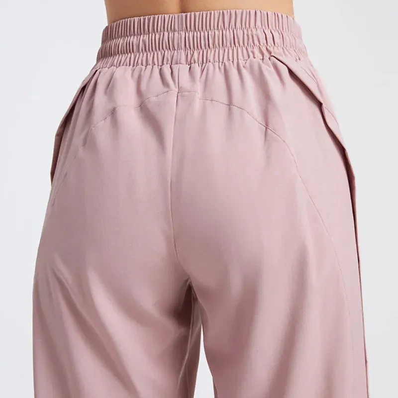 Elastic Waist Yoga Pants for Women - Loose-Fitting Workout Pants, Wide-Leg Drawstring Closure, Stretchy High Waisted Jogging Jogger