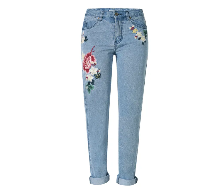 Embroidered Rose Women's Loose Denim Straight Pants