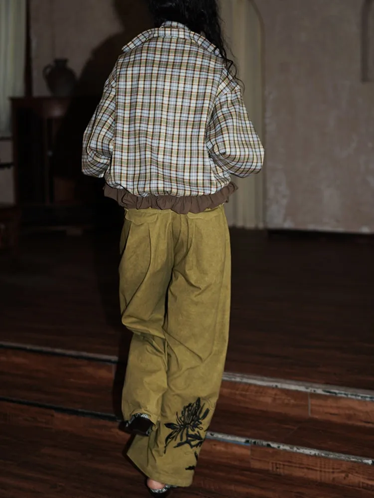 Embroidery Relax Loose Casual Retro Wide-Pants