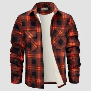 Flannel Plaid Button Shirt Lumber Jacket - Orange