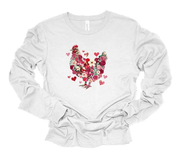 Floral Chicken Graphic Long Sleeve Tee Shirt