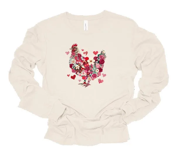 Floral Chicken Graphic Long Sleeve Tee Shirt