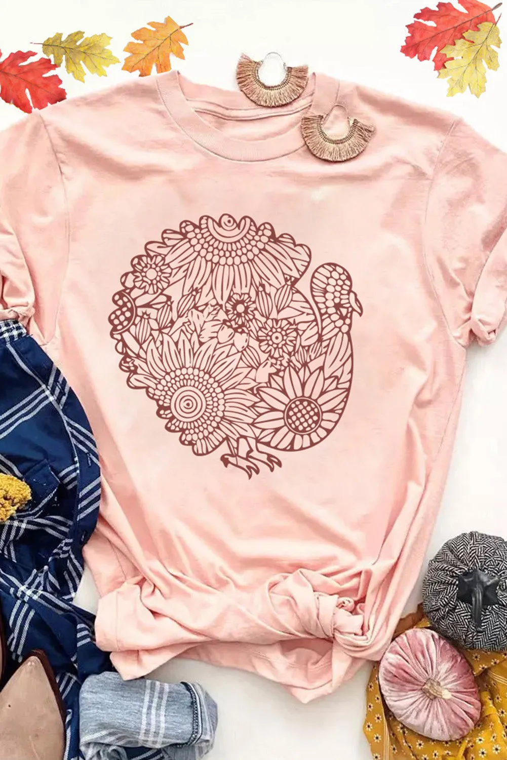 Floral Turkey Shape Print Short Sleeve T Shirt