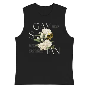 Gaysian Pride Vintage Flower Design on front of Black Relaxed Fit Sleeveless Tank Top