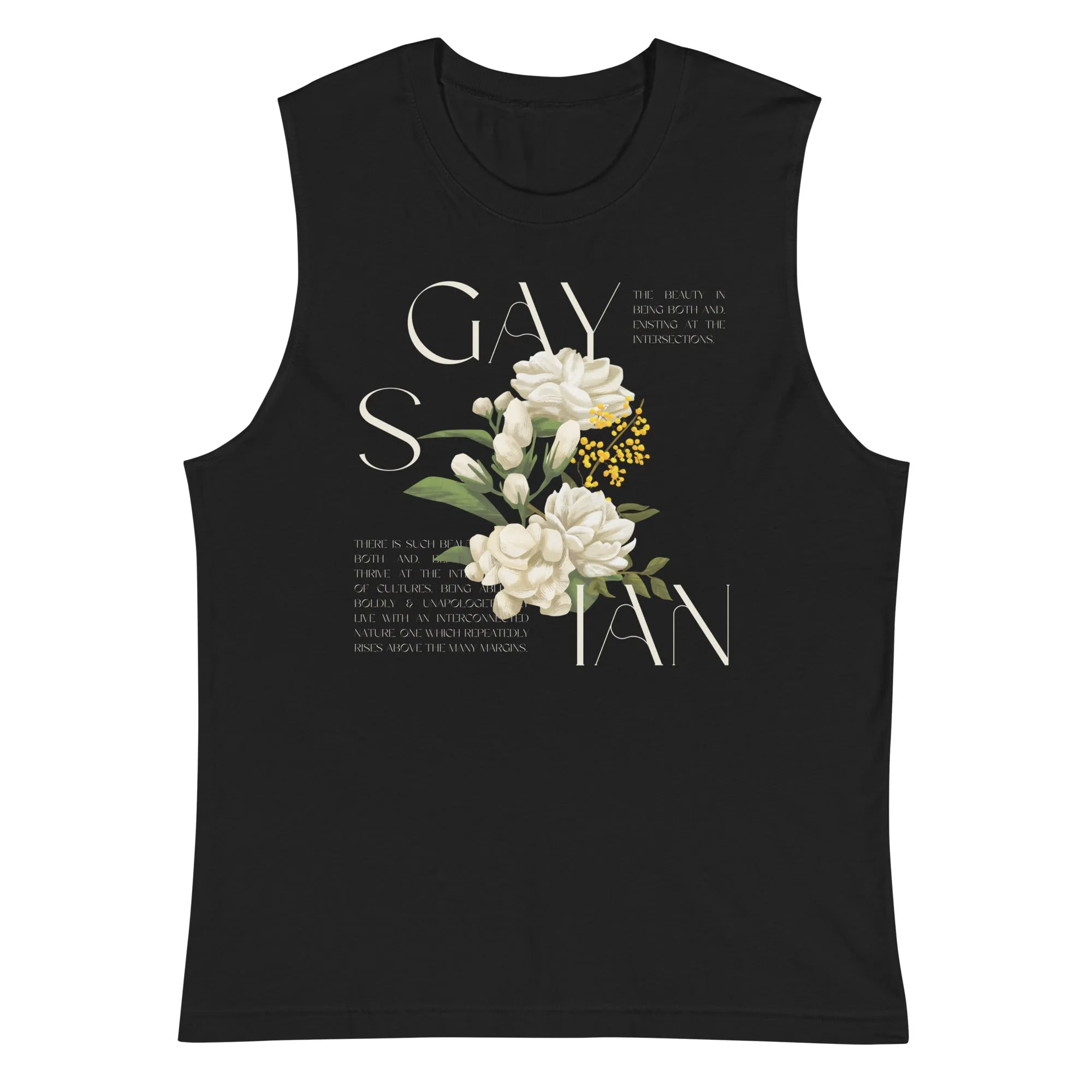 Gaysian Pride Vintage Flower Design on front of Black Relaxed Fit Sleeveless Tank Top