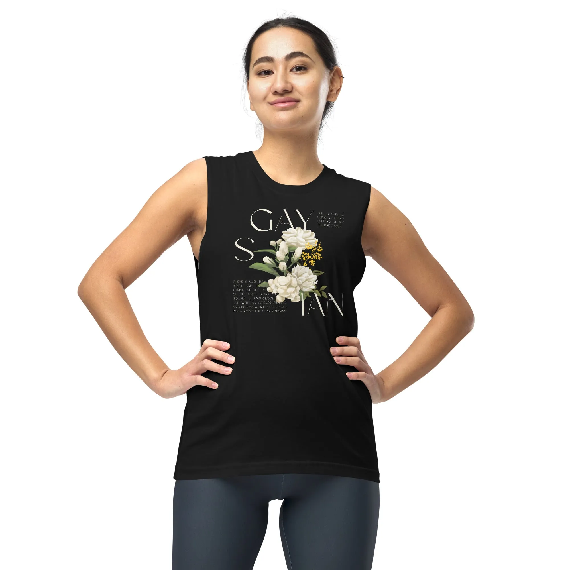 Gaysian Pride Vintage Flower Design on front of Black Relaxed Fit Sleeveless Tank Top