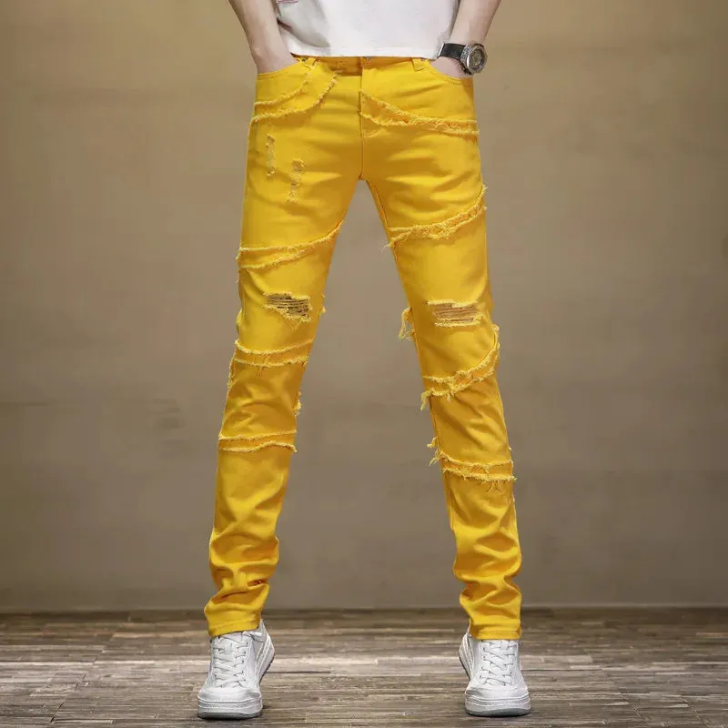 GelbElastik Herren Sommer Neue Gebundene Jeans mit Schmaler Passform