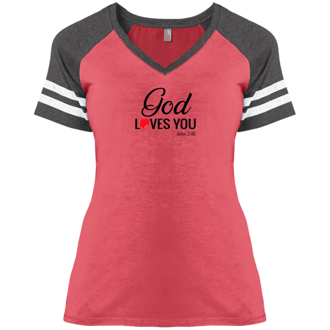 God Loves You Ladies Game V Neck Tee Shirt