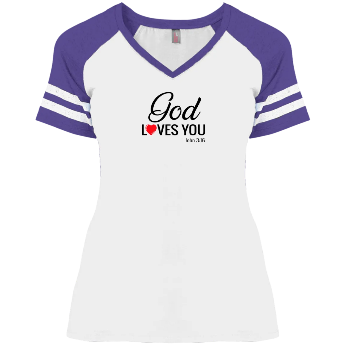 God Loves You Ladies Game V Neck Tee Shirt