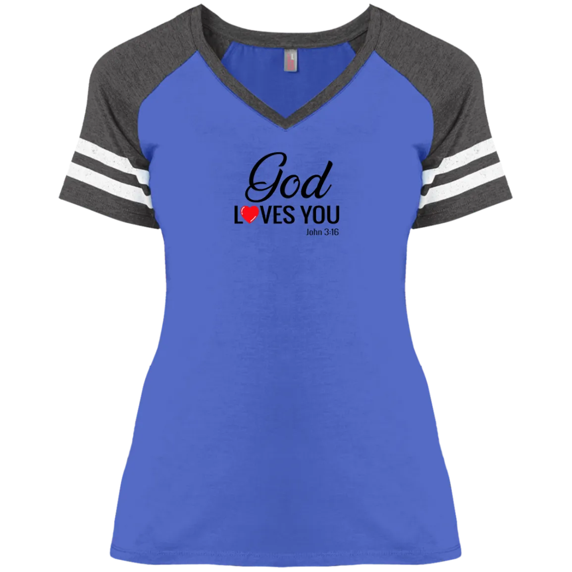 God Loves You Ladies Game V Neck Tee Shirt