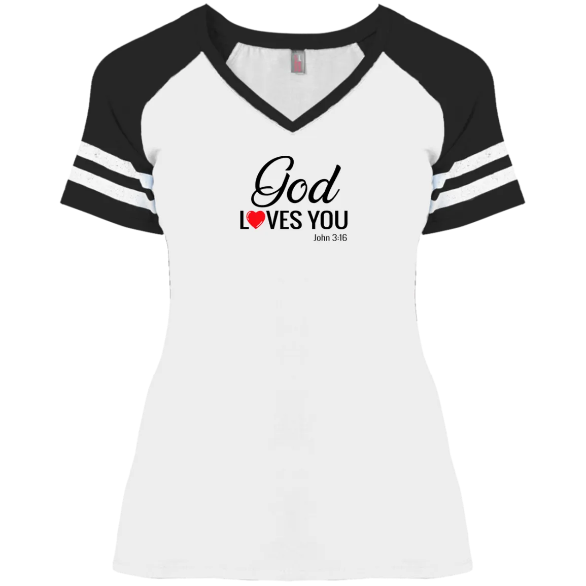 God Loves You Ladies Game V Neck Tee Shirt