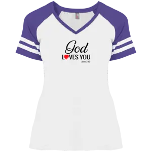 God Loves You Ladies Game V Neck Tee Shirt