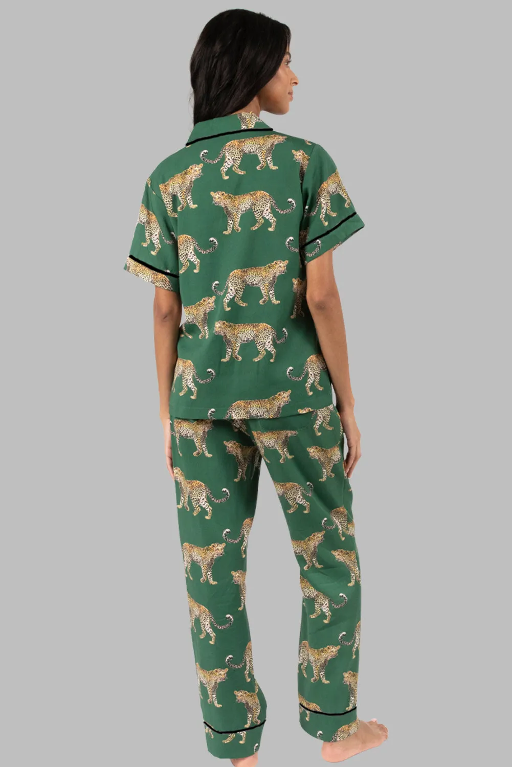 Green Cheetah Print Short Sleeve Shirt and Pants Pajama Set